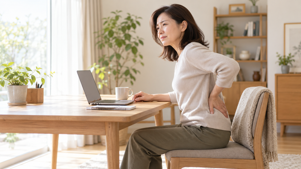 椅子に座って腰を押さえる女性