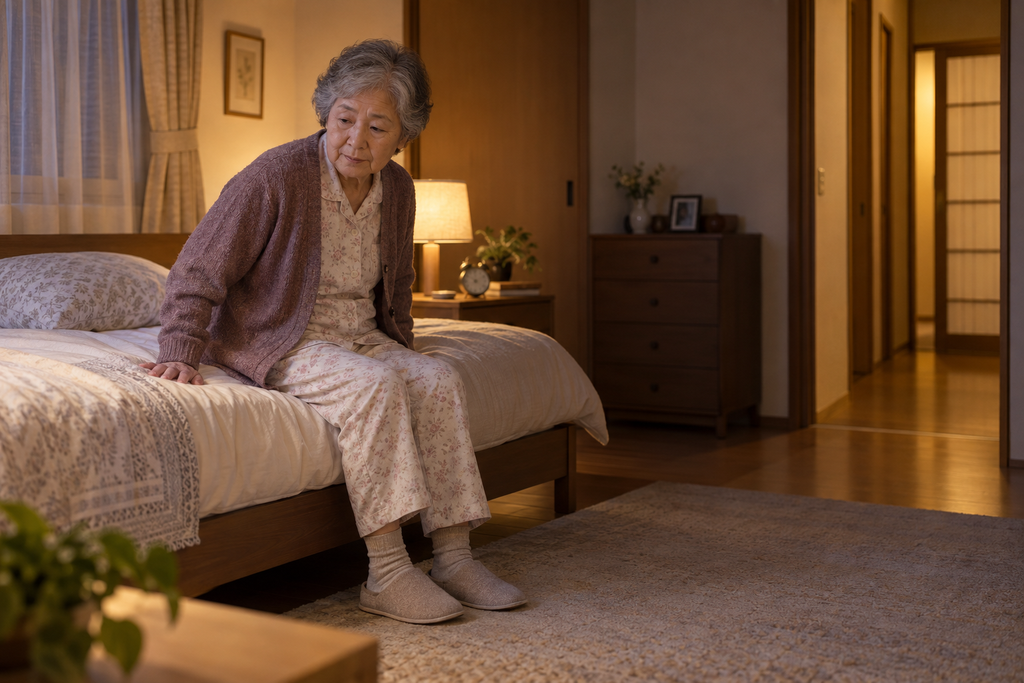 夜間、ベッドの端に座って起き上がろうとする高齢女性