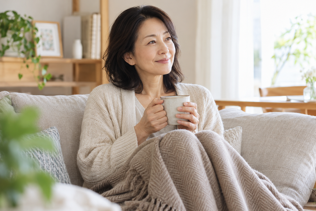 ひざ掛けを使い、温かい飲み物を手にくつろぐ女性