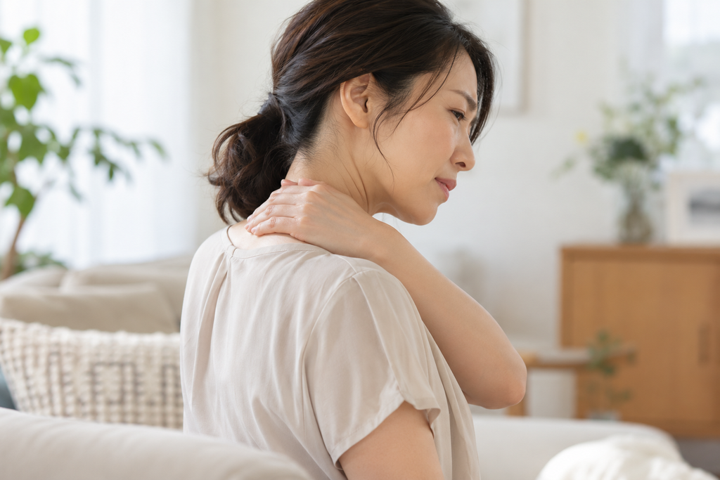 首と右肩に手を添える女性