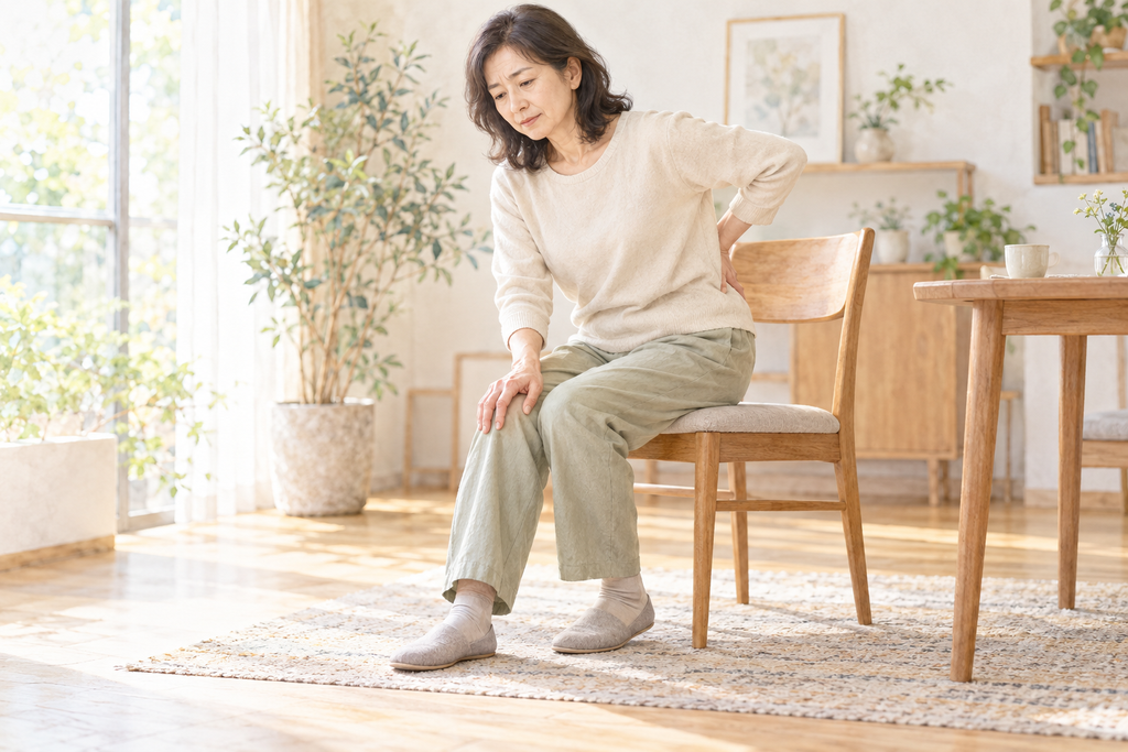 膝と腰の痛みを感じ、椅子に座って膝と腰に手を当てる女性