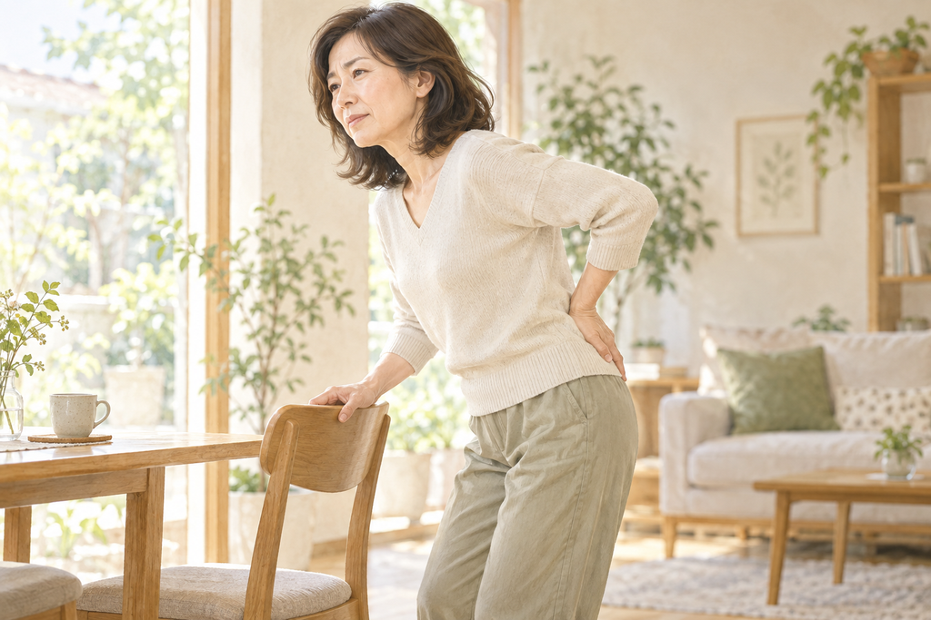 腰の痛みを感じ、椅子につかまりながら腰に手を当てる女性