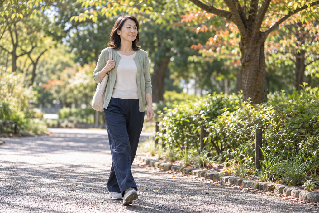 緑豊かな公園を笑顔で歩く40代の女性
